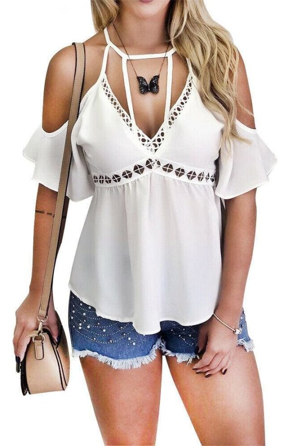 The Best Women Ladies Off Shoulder V-Neck Chiffon Tops Fashion Summer Strappy Blouse Shirt Loose Casual Shirts Online - Takalr