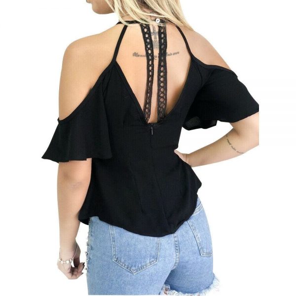 The Best Women Ladies Off Shoulder V-Neck Chiffon Tops Fashion Summer Strappy Blouse Shirt Loose Casual Shirts Online - Takalr