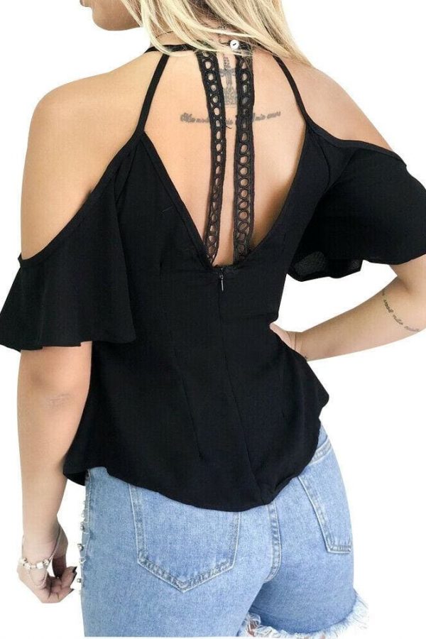 The Best Women Ladies Off Shoulder V-Neck Chiffon Tops Fashion Summer Strappy Blouse Shirt Loose Casual Shirts Online - Takalr