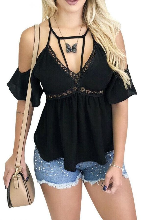 The Best Women Ladies Off Shoulder V-Neck Chiffon Tops Fashion Summer Strappy Blouse Shirt Loose Casual Shirts Online - Takalr