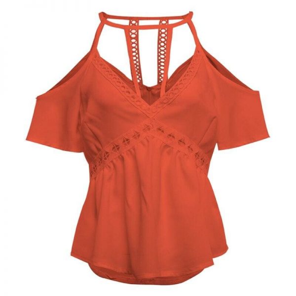 The Best Women Ladies Off Shoulder V-Neck Chiffon Tops Fashion Summer Strappy Blouse Shirt Loose Casual Shirts Online - Takalr