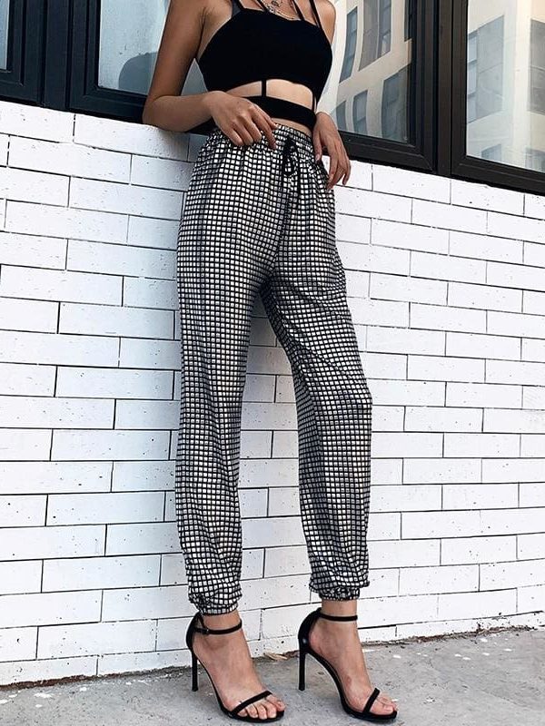 The Best Women Ladies Plaid Hip Hop Dance Combat Cargo Jersey Trousers High Waist Loose Glitter Long Pants Online - Takalr