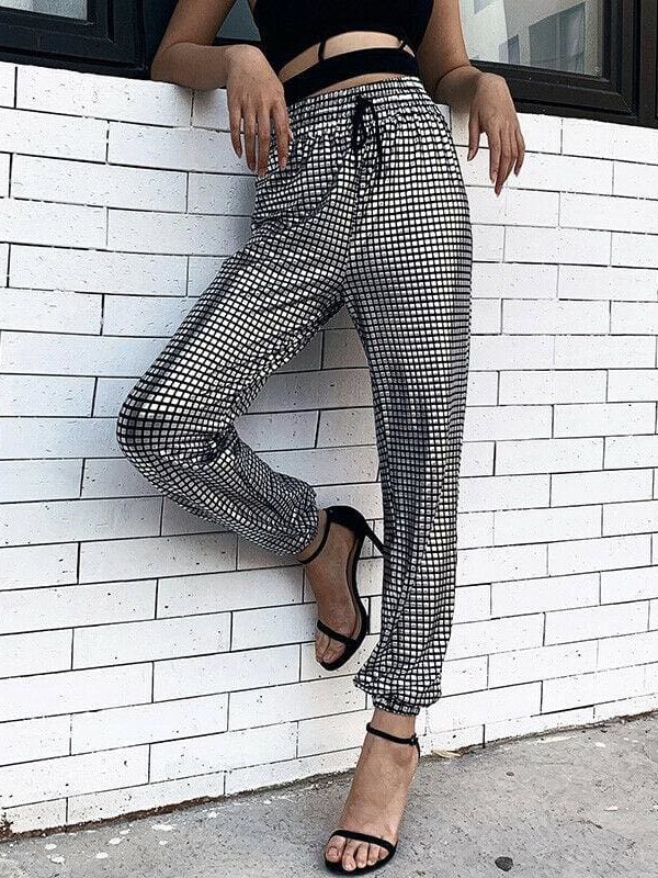 The Best Women Ladies Plaid Hip Hop Dance Combat Cargo Jersey Trousers High Waist Loose Glitter Long Pants Online - Takalr