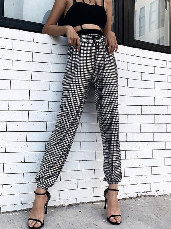 The Best Women Ladies Plaid Hip Hop Dance Combat Cargo Jersey Trousers High Waist Loose Glitter Long Pants Online - Takalr