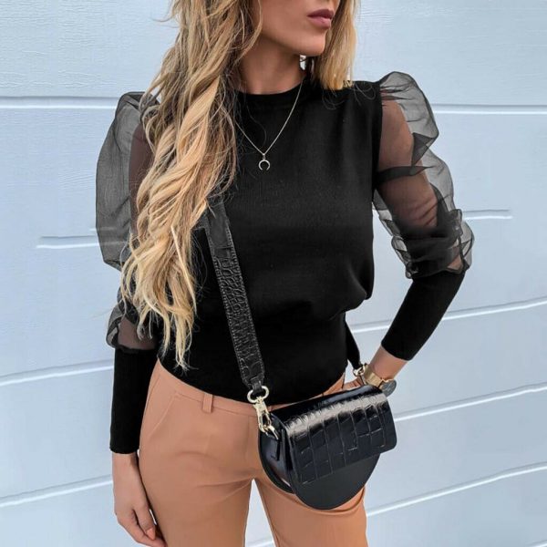 The Best Women Ladies Puff Mesh Sleeve Tops Pullover Blouse Loose Jumper Shirt Autumn Tops Sheer Mesh Street Clothes Online - Takalr