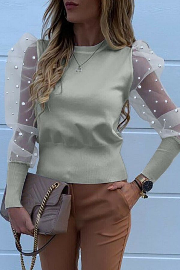 The Best Women Ladies Puff Mesh Sleeve Tops Pullover Blouse Loose Jumper Shirt Autumn Tops Sheer Mesh Street Clothes Online - Takalr