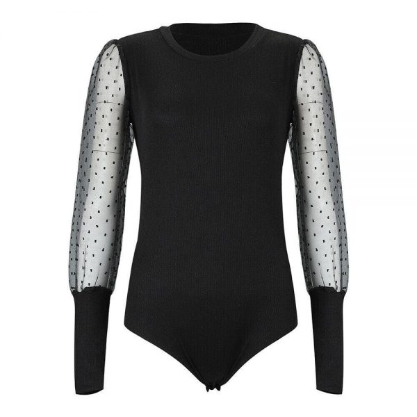 The Best Women Ladies Puff Mesh Sleeve Tops Pullover Bodysuit Fashion Ladies Sweater Blouse Slin Fit Jumpsuit Tops Online - Takalr