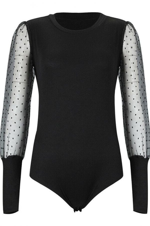 The Best Women Ladies Puff Mesh Sleeve Tops Pullover Bodysuit Fashion Ladies Sweater Blouse Slin Fit Jumpsuit Tops Online - Takalr