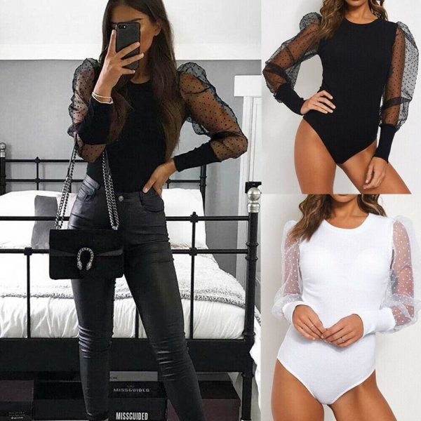 The Best Women Ladies Puff Mesh Sleeve Tops Pullover Bodysuit Fashion Ladies Sweater Blouse Slin Fit Jumpsuit Tops Online - Takalr