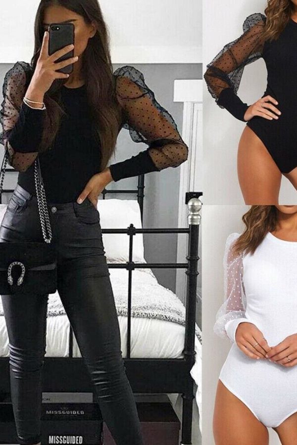 The Best Women Ladies Puff Mesh Sleeve Tops Pullover Bodysuit Fashion Ladies Sweater Blouse Slin Fit Jumpsuit Tops Online - Takalr