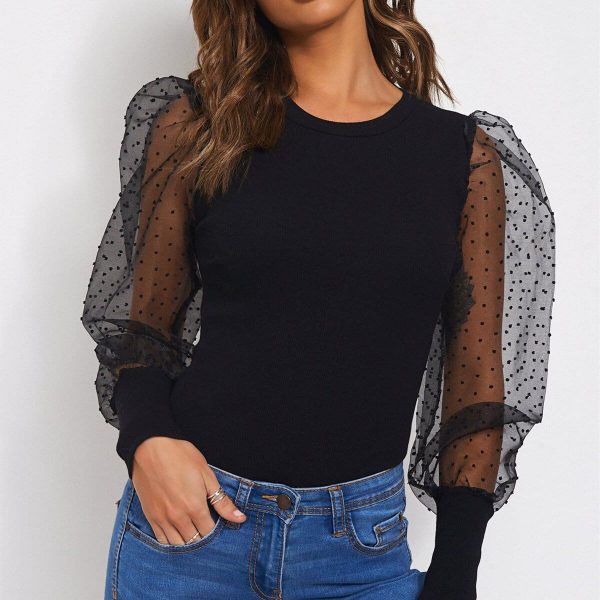 The Best Women Ladies Puff Mesh Sleeve Tops Pullover Bodysuit Fashion Ladies Sweater Blouse Slin Fit Jumpsuit Tops Online - Takalr