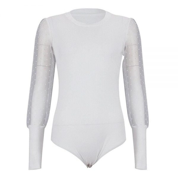 The Best Women Ladies Puff Mesh Sleeve Tops Pullover Bodysuit Fashion Ladies Sweater Blouse Slin Fit Jumpsuit Tops Online - Takalr