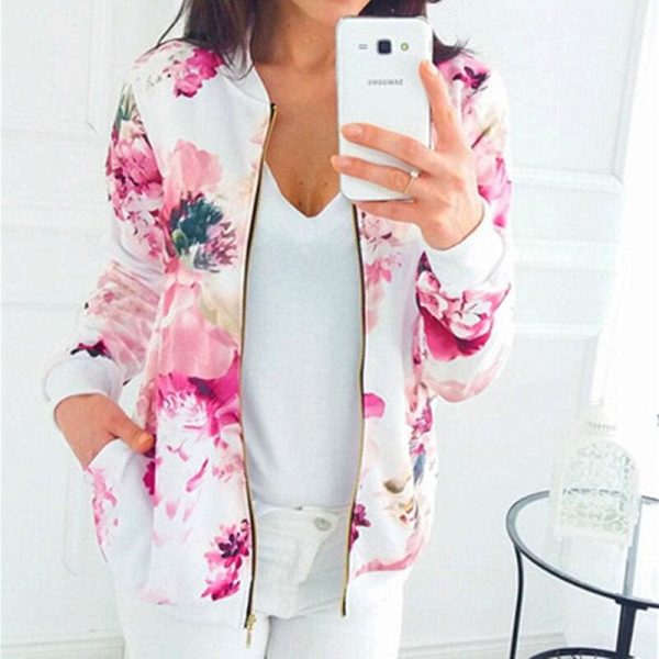 The Best Women Ladies Retro Floral Zipper Up Bomber Long Sleeve Slim Plaid Jacket Casual Floral Zipper Up Bomber Coat Outwear Online - Takalr