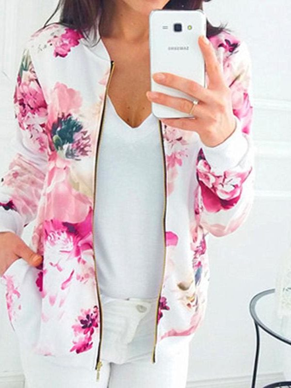 The Best Women Ladies Retro Floral Zipper Up Bomber Long Sleeve Slim Plaid Jacket Casual Floral Zipper Up Bomber Coat Outwear Online - Takalr