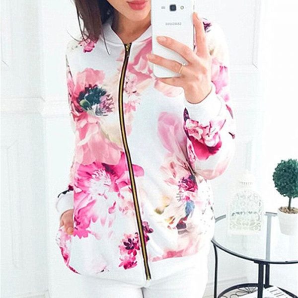 The Best Women Ladies Retro Floral Zipper Up Bomber Long Sleeve Slim Plaid Jacket Casual Floral Zipper Up Bomber Coat Outwear Online - Takalr