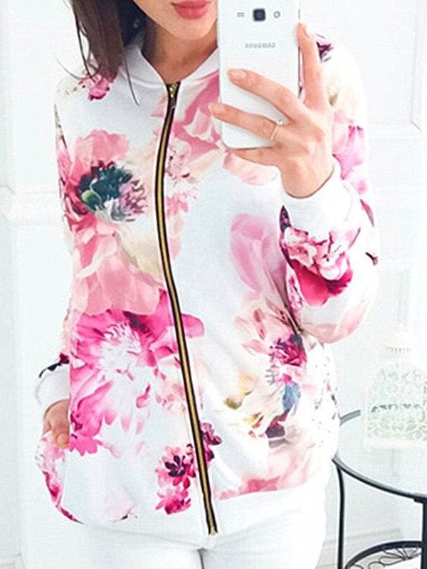 The Best Women Ladies Retro Floral Zipper Up Bomber Long Sleeve Slim Plaid Jacket Casual Floral Zipper Up Bomber Coat Outwear Online - Takalr