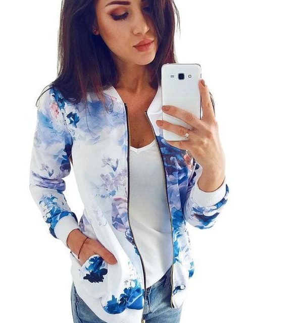 The Best Women Ladies Retro Floral Zipper Up Bomber Long Sleeve Slim Plaid Jacket Casual Floral Zipper Up Bomber Coat Outwear Online - Takalr