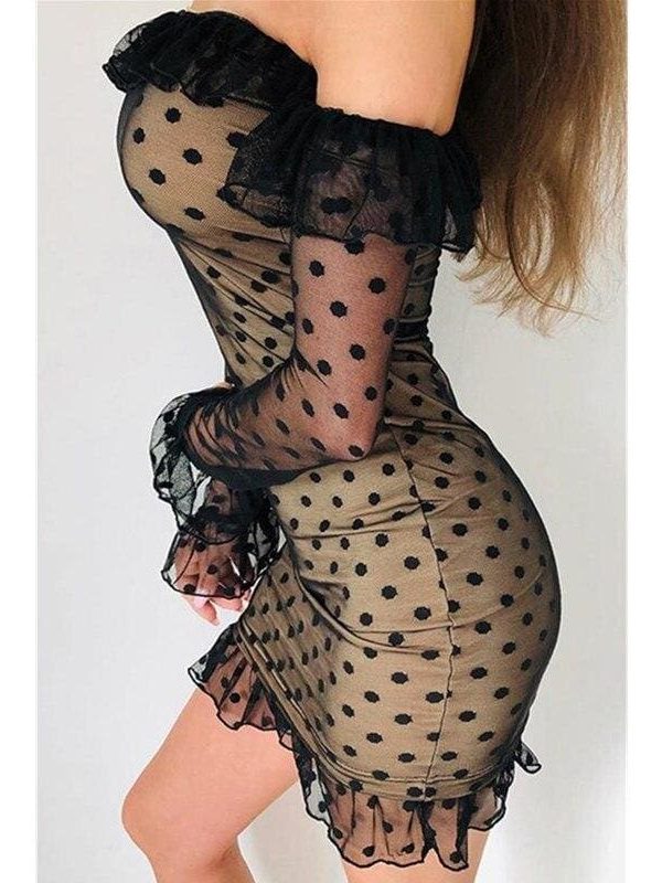 The Best Women Ladies See-through Base Dress Flared Long Sleeve Off-shoulder Polka Dots Printed Short Mini Dress Online - Takalr