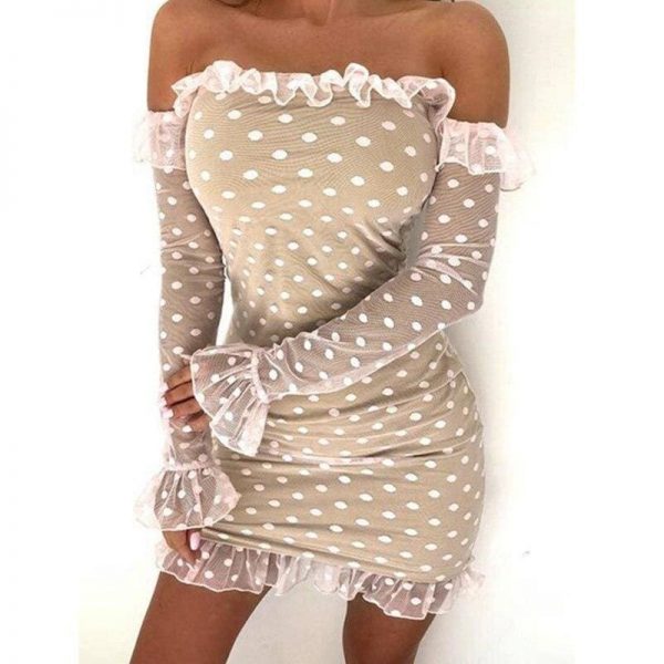 The Best Women Ladies See-through Base Dress Flared Long Sleeve Off-shoulder Polka Dots Printed Short Mini Dress Online - Takalr