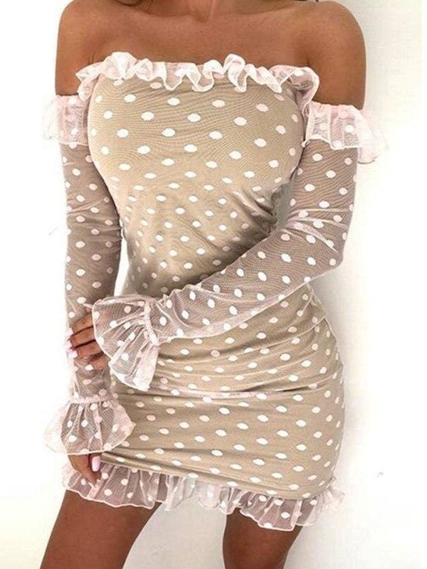 The Best Women Ladies See-through Base Dress Flared Long Sleeve Off-shoulder Polka Dots Printed Short Mini Dress Online - Takalr