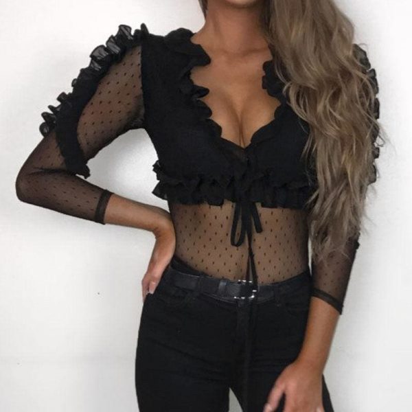 The Best Women Ladies See Through Lace Mesh Sheer Long Sleeve V-Neck Crop Top Casual Summer Solid Shirt Blouse Tee Online - Takalr