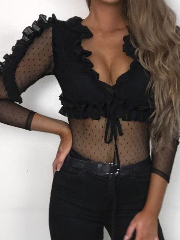 The Best Women Ladies See Through Lace Mesh Sheer Long Sleeve V-Neck Crop Top Casual Summer Solid Shirt Blouse Tee Online - Takalr