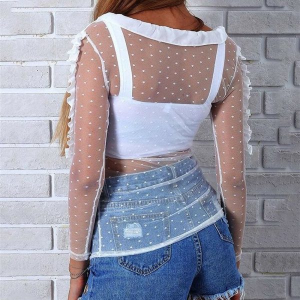 The Best Women Ladies See Through Lace Mesh Sheer Long Sleeve V-Neck Crop Top Casual Summer Solid Shirt Blouse Tee Online - Takalr