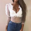 The Best Women Ladies See Through Lace Mesh Sheer Long Sleeve V-Neck Crop Top Casual Summer Solid Shirt Blouse Tee Online - Takalr