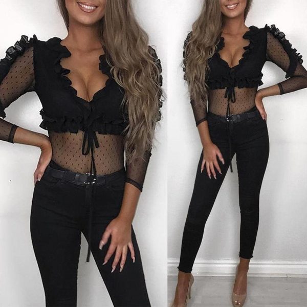 The Best Women Ladies See Through Lace Mesh Sheer Long Sleeve V-Neck Crop Top Casual Summer Solid Shirt Blouse Tee Online - Takalr