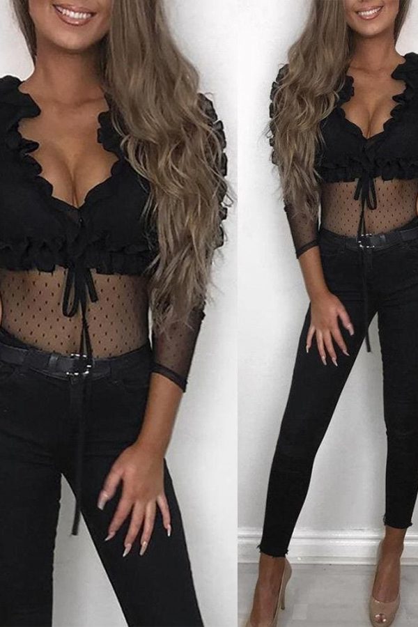 The Best Women Ladies See Through Lace Mesh Sheer Long Sleeve V-Neck Crop Top Casual Summer Solid Shirt Blouse Tee Online - Takalr