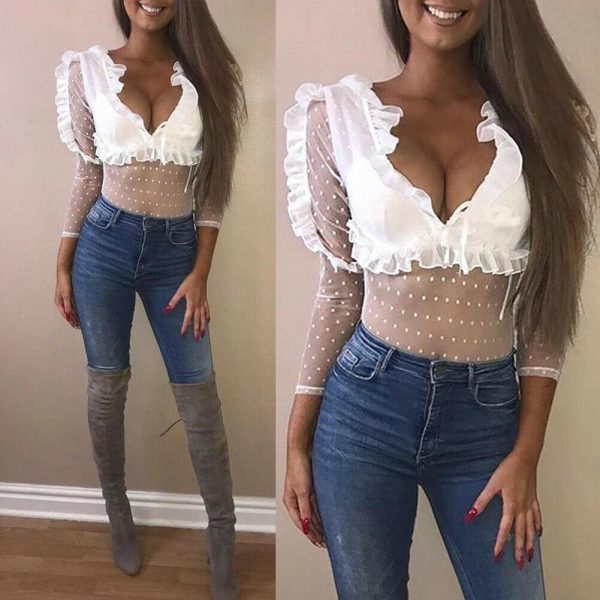 The Best Women Ladies See Through Lace Mesh Sheer Long Sleeve V-Neck Crop Top Casual Summer Solid Shirt Blouse Tee Online - Takalr