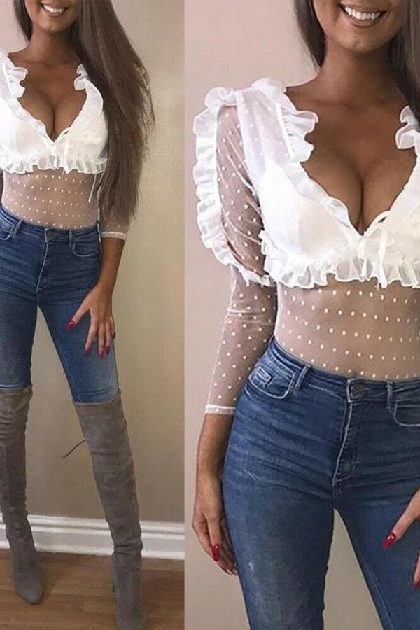 The Best Women Ladies See Through Lace Mesh Sheer Long Sleeve V-Neck Crop Top Casual Summer Solid Shirt Blouse Tee Online - Takalr