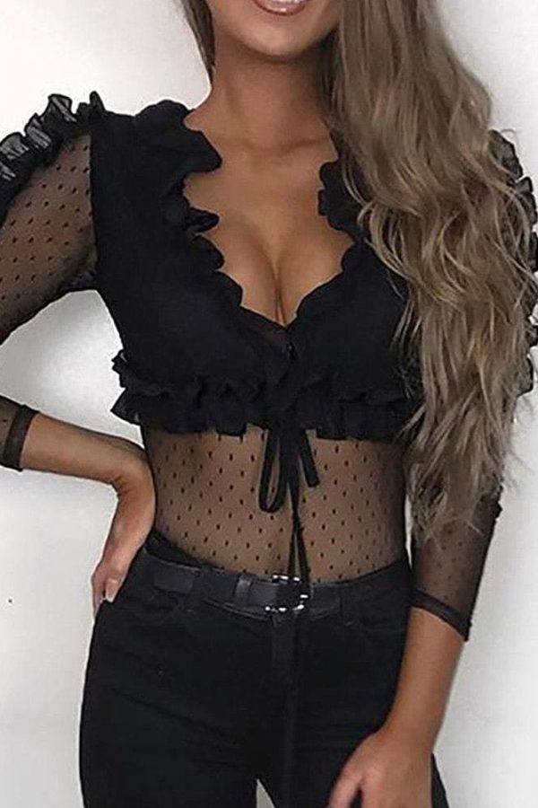 The Best Women Ladies See Through Lace Mesh Sheer Long Sleeve V-Neck Crop Top Casual Summer Solid Shirt Blouse Tee Online - Takalr