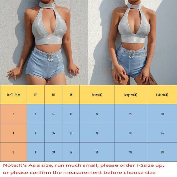 The Best Women Ladies Sequin Sparkly Halter Neck Sexy Bra Camisole Crop Top Summer Beach Lace Up Backless Solid Casual Vest Online - Takalr