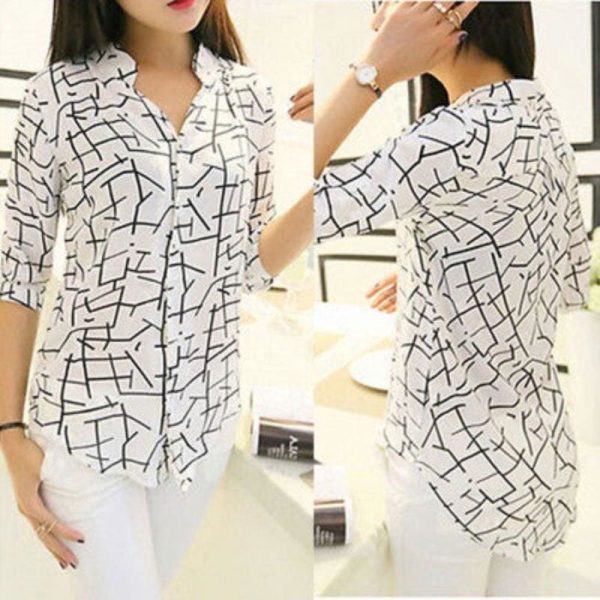 The Best Women Ladies Slim Chiffon Tops 3/4 Sleeve Shirt Fashion Summer Casual Geometric Print Blouse New Workout Shirt Online - Takalr