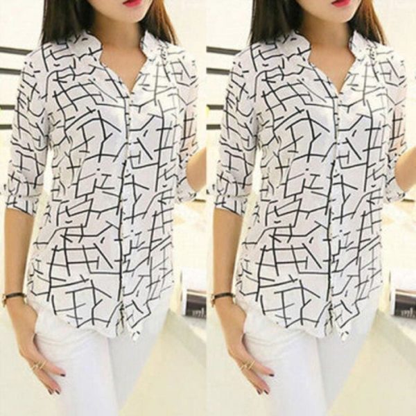 The Best Women Ladies Slim Chiffon Tops 3/4 Sleeve Shirt Fashion Summer Casual Geometric Print Blouse New Workout Shirt Online - Takalr