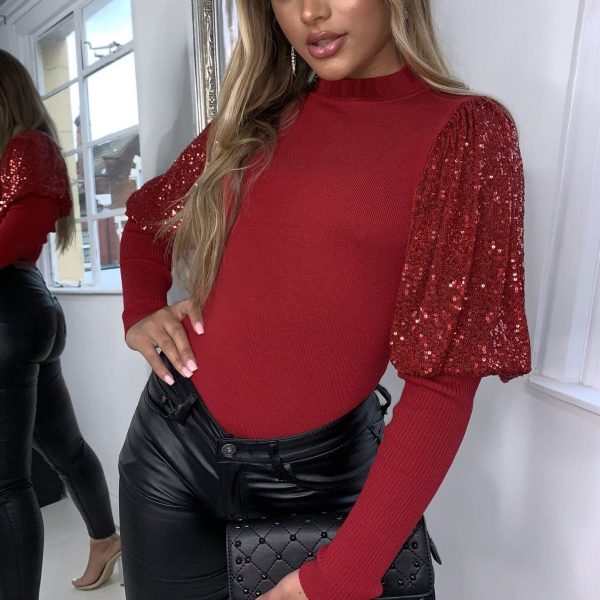 The Best Women Ladies Sparkly Sequins Puff Sleeve Tops Autumn Wionter Casual Clubwear Party Sweater Pullover Tops Shirt Online - Takalr