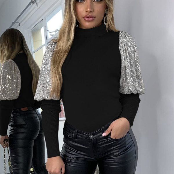 The Best Women Ladies Sparkly Sequins Puff Sleeve Tops Autumn Wionter Casual Clubwear Party Sweater Pullover Tops Shirt Online - Takalr