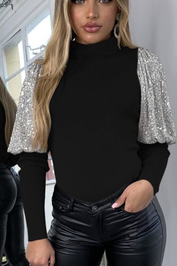 The Best Women Ladies Sparkly Sequins Puff Sleeve Tops Autumn Wionter Casual Clubwear Party Sweater Pullover Tops Shirt Online - Takalr