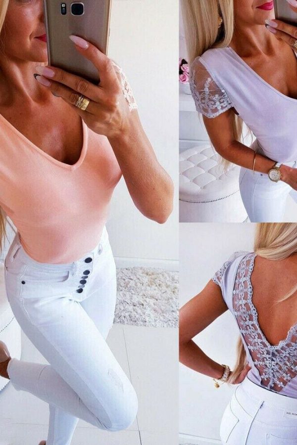 The Best Women Ladies Summer Beach Lace Vest Top Backless Blouse Short Sleeve V-Neck Solid Casual Tank Tops Shirts New Online - Takalr