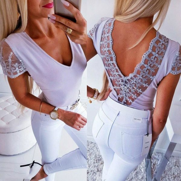 The Best Women Ladies Summer Beach Lace Vest Top Backless Blouse Short Sleeve V-Neck Solid Casual Tank Tops Shirts New Online - Takalr