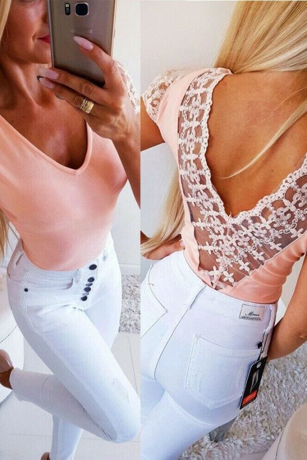 The Best Women Ladies Summer Beach Lace Vest Top Backless Blouse Short Sleeve V-Neck Solid Casual Tank Tops Shirts New Online - Takalr