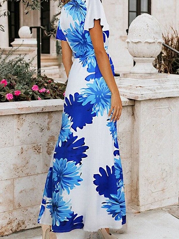 The Best Women Ladies Summer Boho Floral Maxi Dress Casual High Waist Short Sleeve O-Neck Party Holiday Beach Dress Sundress Online - Takalr