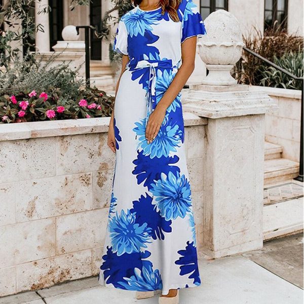 The Best Women Ladies Summer Boho Floral Maxi Dress Casual High Waist Short Sleeve O-Neck Party Holiday Beach Dress Sundress Online - Takalr