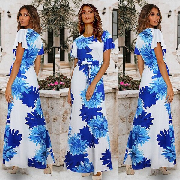 The Best Women Ladies Summer Boho Floral Maxi Dress Casual High Waist Short Sleeve O-Neck Party Holiday Beach Dress Sundress Online - Takalr