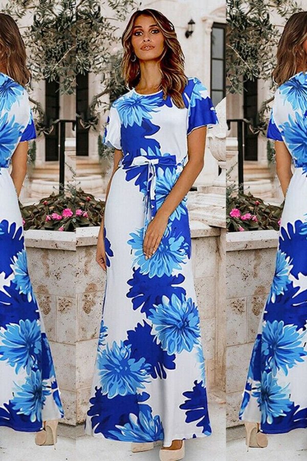 The Best Women Ladies Summer Boho Floral Maxi Dress Casual High Waist Short Sleeve O-Neck Party Holiday Beach Dress Sundress Online - Takalr