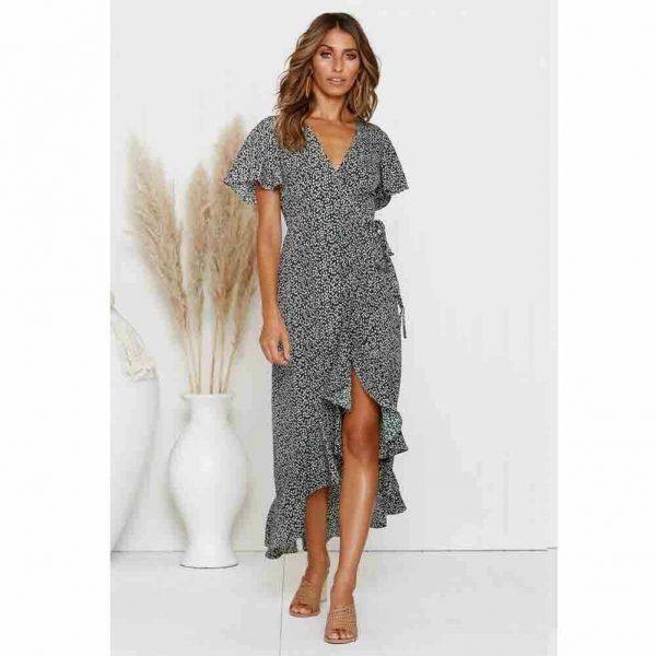 The Best Women Ladies Summer Boho Short Sleeve Long Floral Dress Fashion Ruffle V-Neck Party Beach Dresses Sundress Online - Takalr