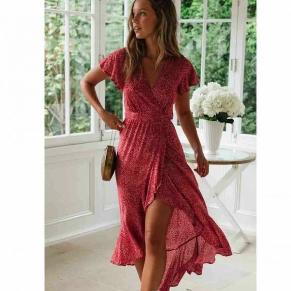 The Best Women Ladies Summer Boho Short Sleeve Long Floral Dress Fashion Ruffle V-Neck Party Beach Dresses Sundress Online - Takalr