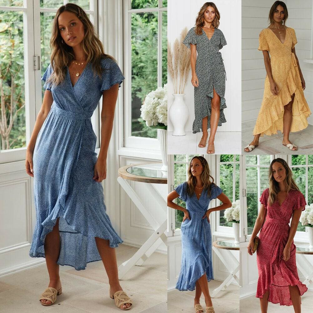 The Best Women Ladies Summer Boho Short Sleeve Long Floral Dress Fashion Ruffle V-Neck Party Beach Dresses Sundress Online - Takalr