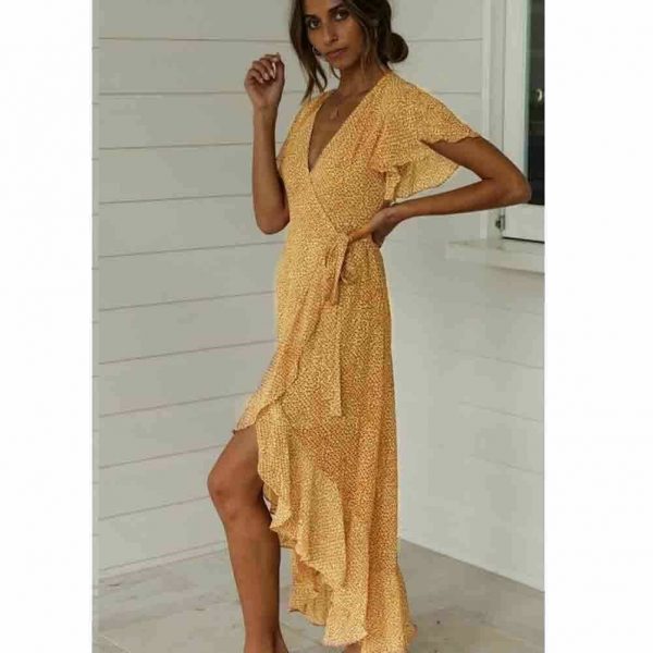 The Best Women Ladies Summer Boho Short Sleeve Long Floral Dress Fashion Ruffle V-Neck Party Beach Dresses Sundress Online - Takalr